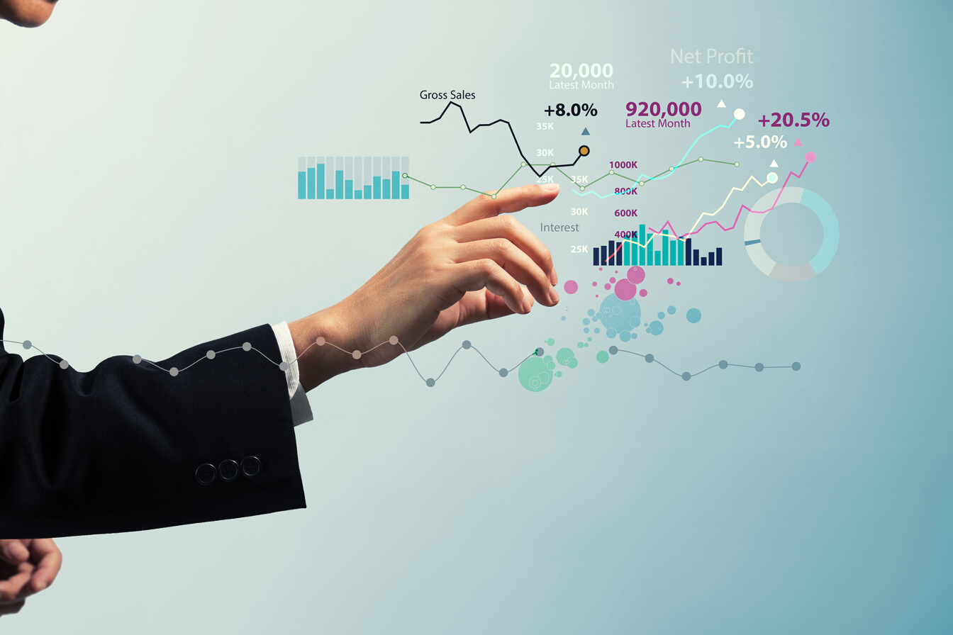 Businessman touching virtual screen, data analytics concept